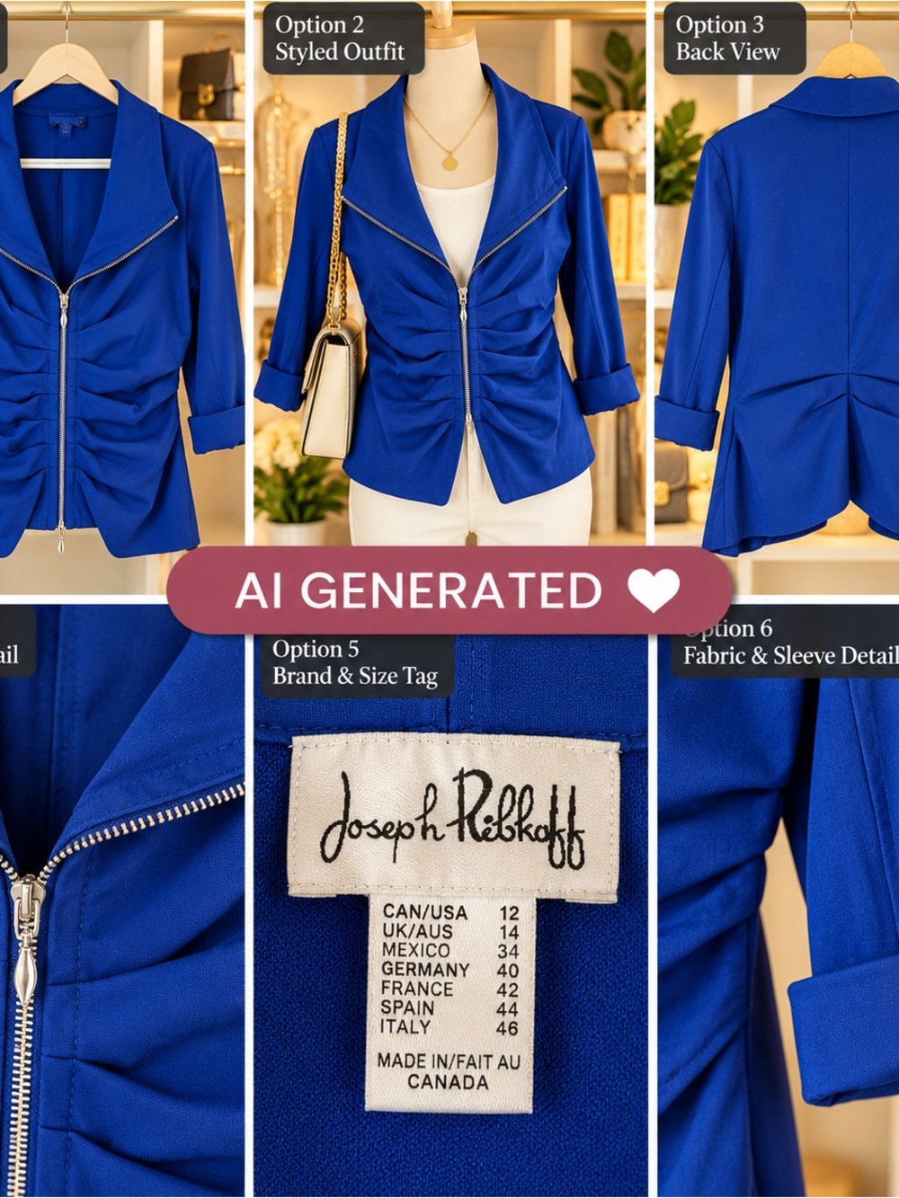 Joseph Ribkoff Cobalt Blue Ruched Zip Jacket | Made in Canada | Size 12